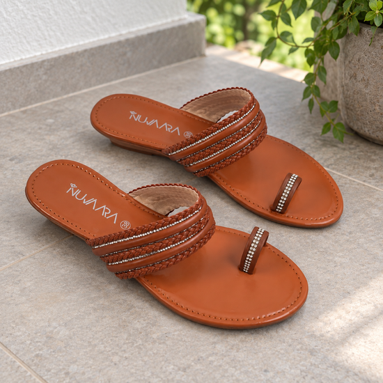 Nuvaara Women's Rhinestone Braided Multi-Strap Toe-Ring Flat Slide Sandals - Pair View