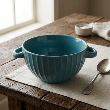 Ribbed double-handle ceramic soup bowl - Blue variant