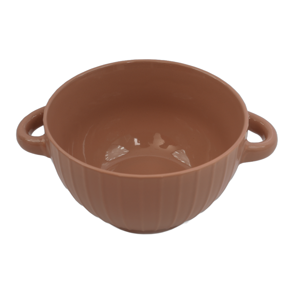 Ribbed double-handle ceramic soup bowl - Brown variant