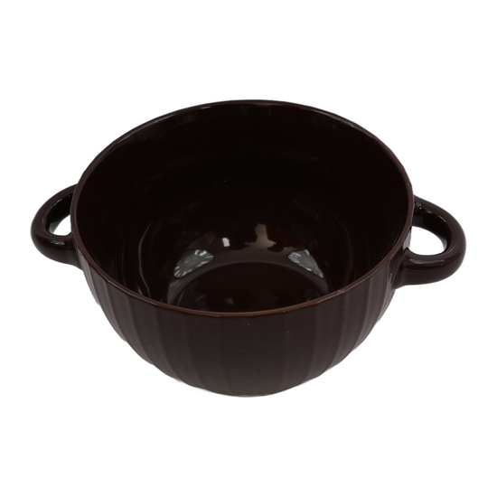 Ribbed double-handle ceramic soup bowl - Dark Brown variant