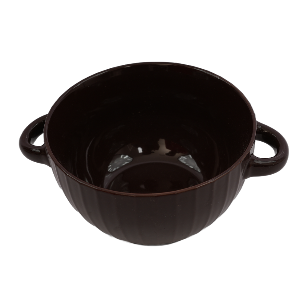 Ribbed double-handle ceramic soup bowl - Dark Brown variant