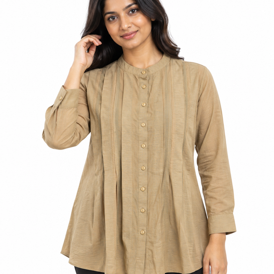 Cinnamon Isle Women's Pintuck Button-Down Long Sleeve Tunic Blouse - Front Standing View (Photo 1)