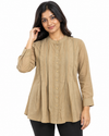 Cinnamon Isle Women's Pintuck Button-Down Long Sleeve Tunic Blouse - Front Standing View (Photo 1)
