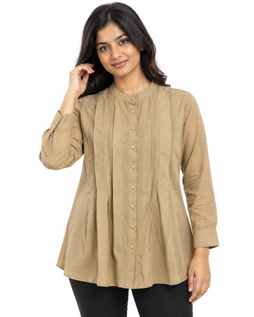 Cinnamon Isle Women's Pintuck Button-Down Long Sleeve Tunic Blouse - Front Standing View (Photo 1)