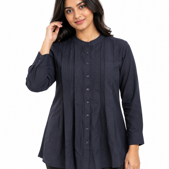 Cinnamon Isle Women's Pintuck Button-Down Long Sleeve Tunic Blouse - Front Standing View (Photo 3)
