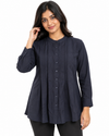 Cinnamon Isle Women's Pintuck Button-Down Long Sleeve Tunic Blouse - Front Standing View (Photo 3)