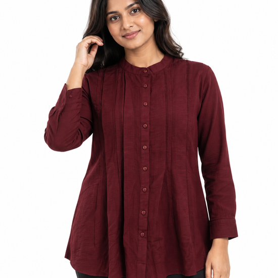 Cinnamon Isle Women's Pintuck Button-Down Long Sleeve Tunic Blouse - Front Standing View (Photo 2)