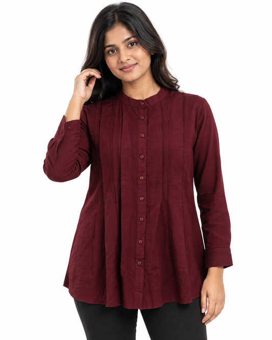 Cinnamon Isle Women's Pintuck Button-Down Long Sleeve Tunic Blouse - Front Standing View (Photo 2)