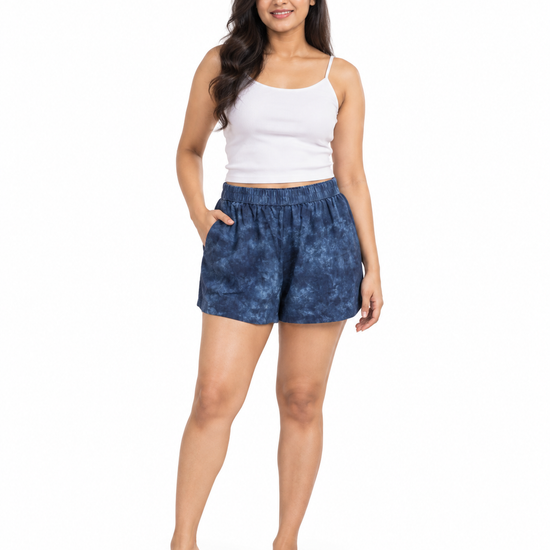 Cinnamon Isle Women's Blue Tie-Dye Elastic Waist Casual Shorts - Front View (Photo 1)