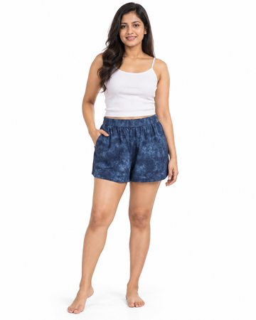 Cinnamon Isle Women's Blue Tie-Dye Elastic Waist Casual Shorts - Front View (Photo 1)