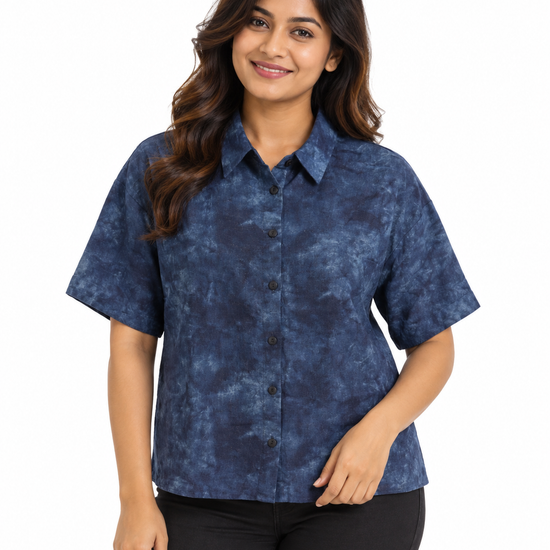 Cinnamon Isle Women's Blue Tie-Dye Short Sleeve Collared Shirt Blouse - Front View (Photo 1)