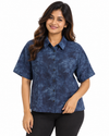 Cinnamon Isle Women's Blue Tie-Dye Short Sleeve Collared Shirt Blouse - Front View (Photo 1)