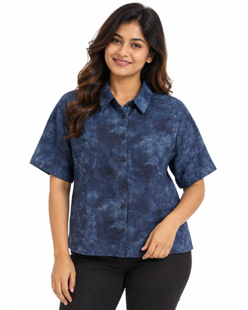 Cinnamon Isle Women's Blue Tie-Dye Short Sleeve Collared Shirt Blouse - Front View (Photo 1)