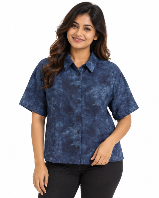 Cinnamon Isle Women's Blue Tie-Dye Short Sleeve Collared Shirt Blouse - Front View (Photo 1)