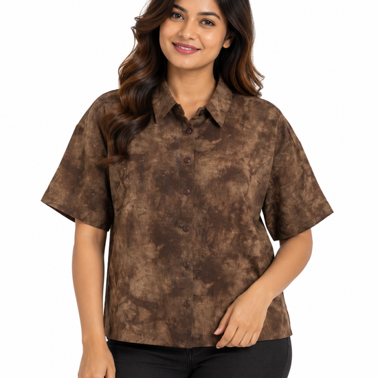 Cinnamon Isle Women's Blue Tie-Dye Short Sleeve Collared Shirt Blouse - Front View (Photo 2)