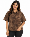 Cinnamon Isle Women's Blue Tie-Dye Short Sleeve Collared Shirt Blouse - Front View (Photo 2)