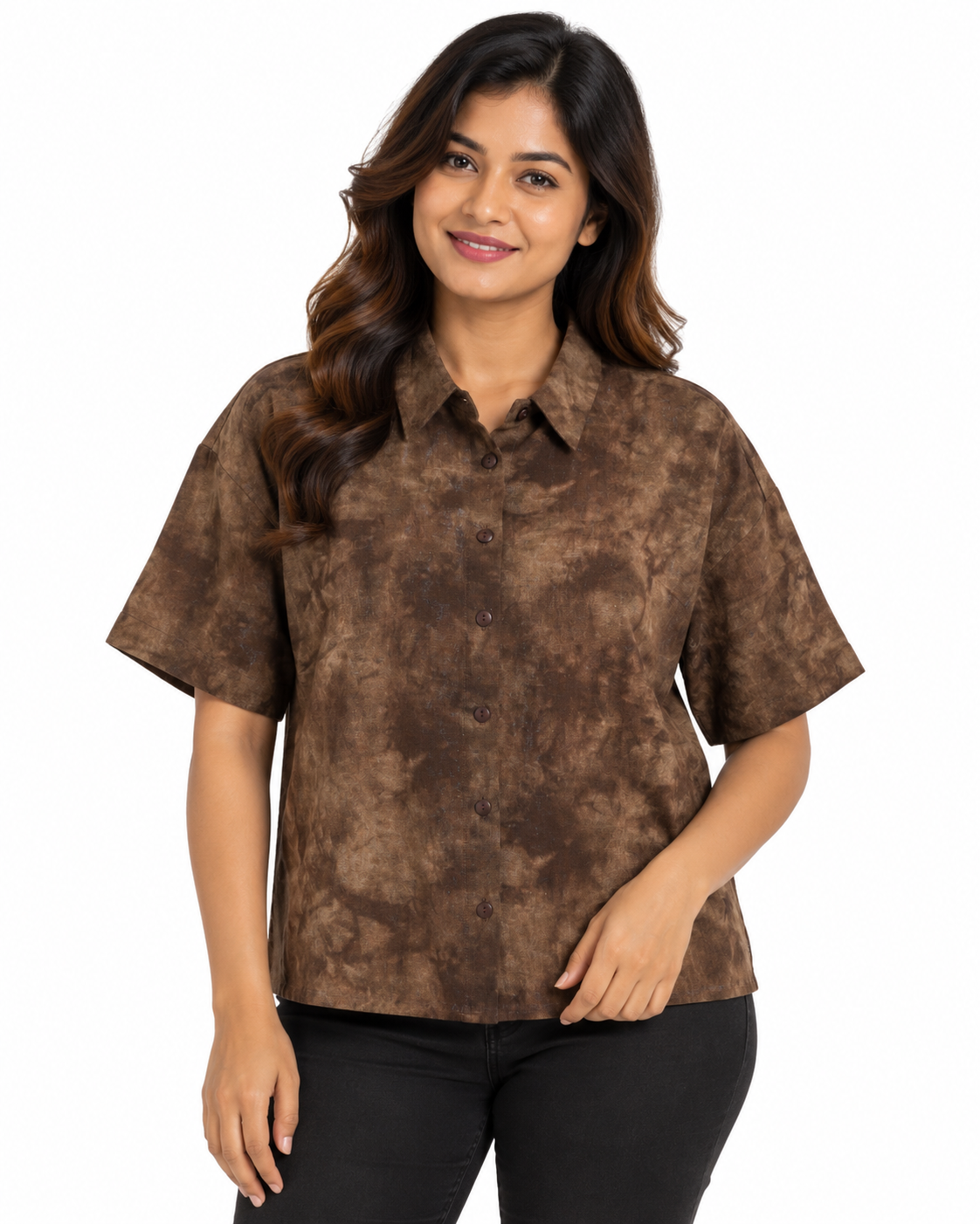 Cinnamon Isle Women's Blue Tie-Dye Short Sleeve Collared Shirt Blouse - Front View (Photo 2)