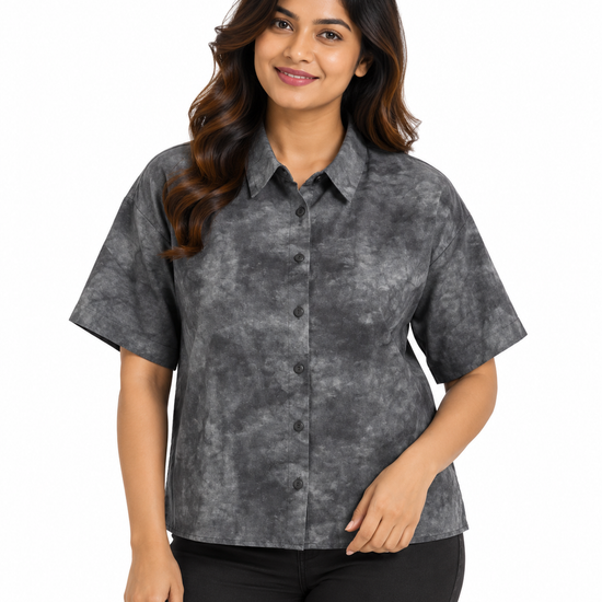 Cinnamon Isle Women's Blue Tie-Dye Short Sleeve Collared Shirt Blouse - Front View (Photo 3)