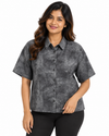 Cinnamon Isle Women's Blue Tie-Dye Short Sleeve Collared Shirt Blouse - Front View (Photo 3)
