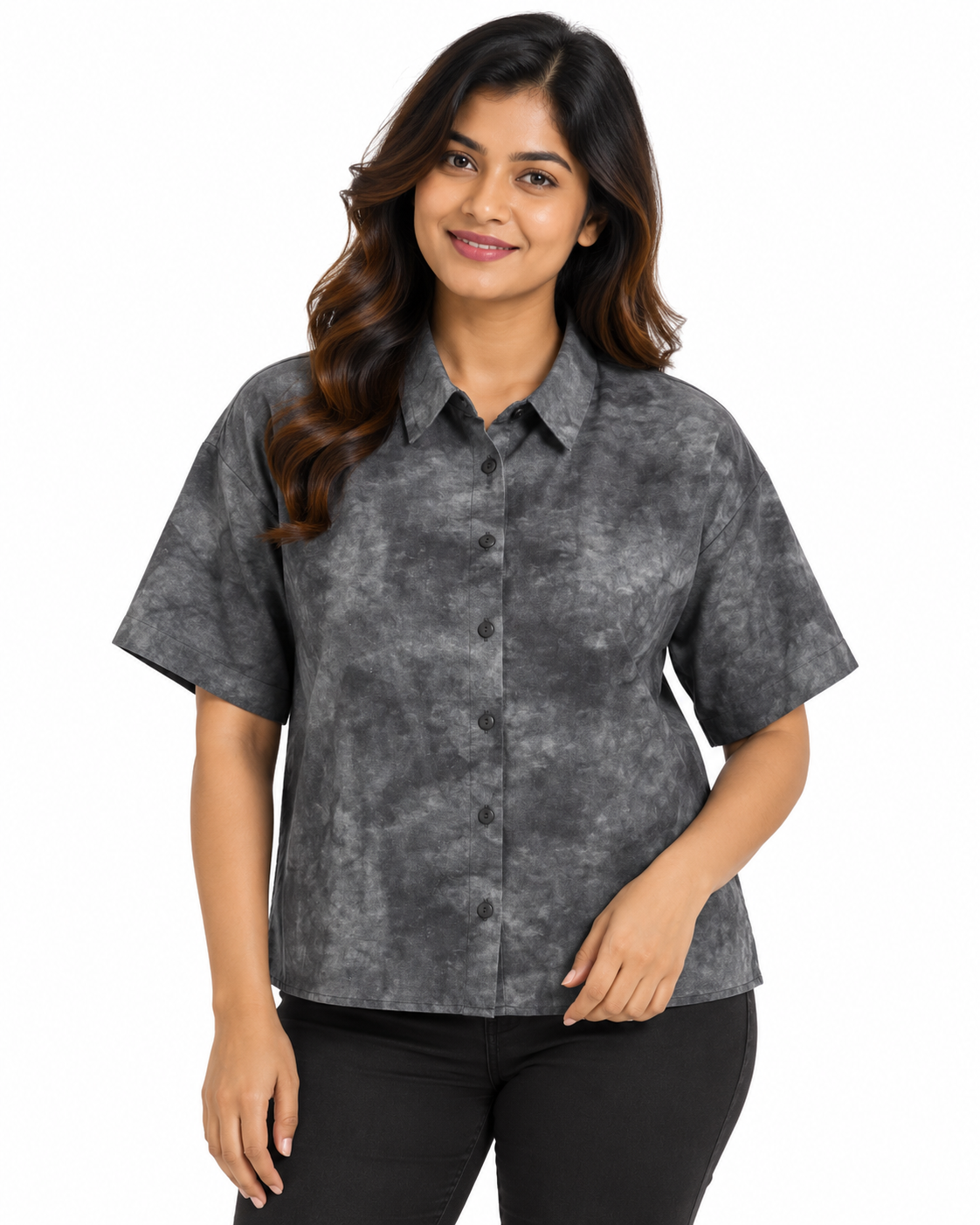 Cinnamon Isle Women's Blue Tie-Dye Short Sleeve Collared Shirt Blouse - Front View (Photo 3)