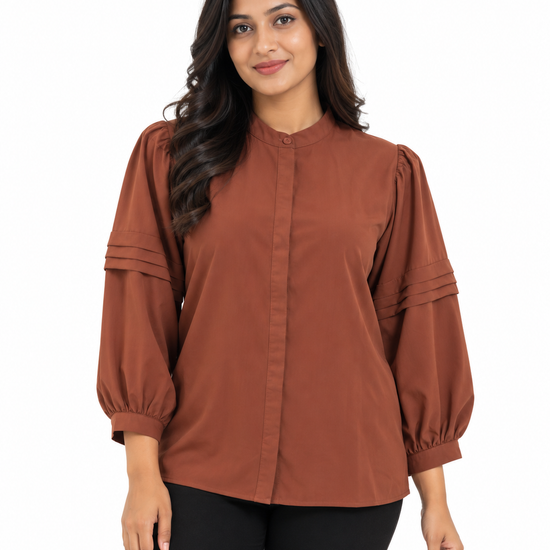 Isle Closet Women's Pintuck Pleated Balloon Sleeve Navy Blouse - Front View (Photo 2)