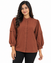 Isle Closet Women's Pintuck Pleated Balloon Sleeve Navy Blouse - Front View (Photo 2)