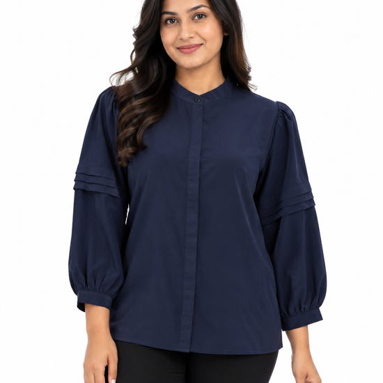 Isle Closet Women's Pintuck Pleated Balloon Sleeve Navy Blouse - Front View (Photo 1)