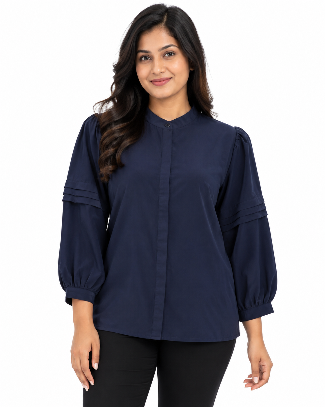 Isle Closet Women's Pintuck Pleated Balloon Sleeve Navy Blouse - Front View (Photo 1)