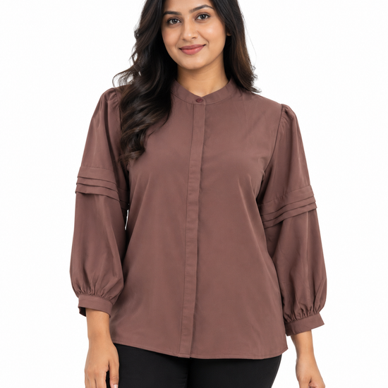 Isle Closet Women's Pintuck Pleated Balloon Sleeve Navy Blouse - Front View (Photo 3)