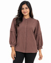Isle Closet Women's Pintuck Pleated Balloon Sleeve Navy Blouse - Front View (Photo 3)