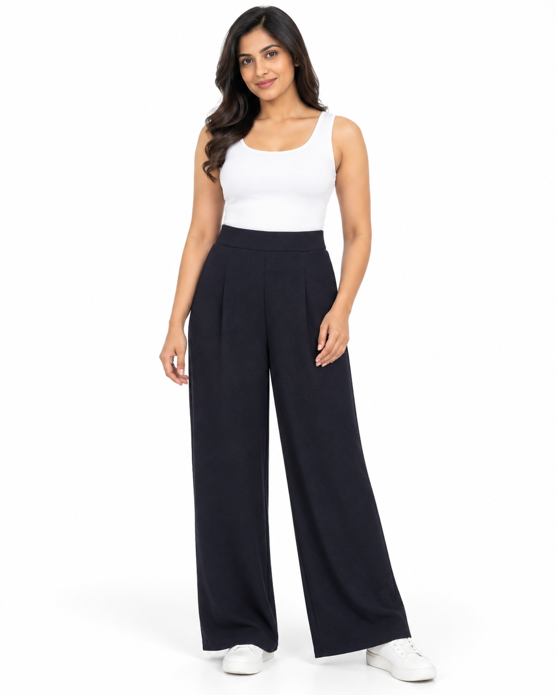 Women's High-Rise Pleated Flowy Wide-Leg Palazzo Pants - Full Length Standing View (Photo 2)