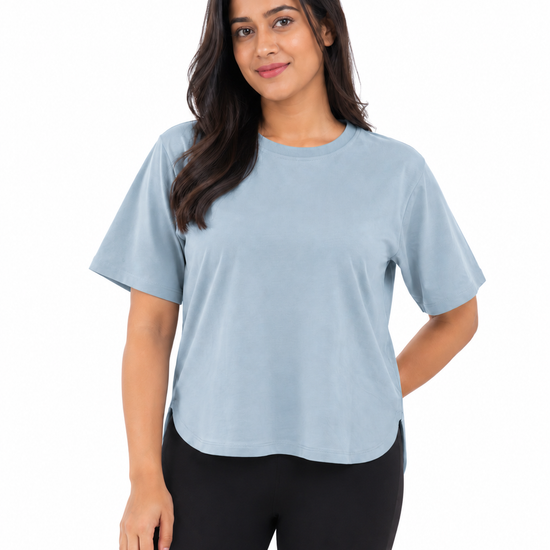 Nuvaara Women's Relaxed Fit High-Low Hem Crew Neck T-Shirt - Front View (Photo 1)