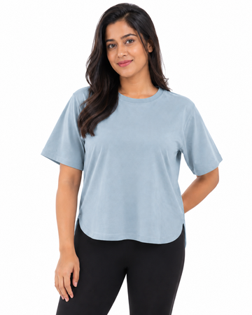 Nuvaara Women's Relaxed Fit High-Low Hem Crew Neck T-Shirt - Front View (Photo 1)