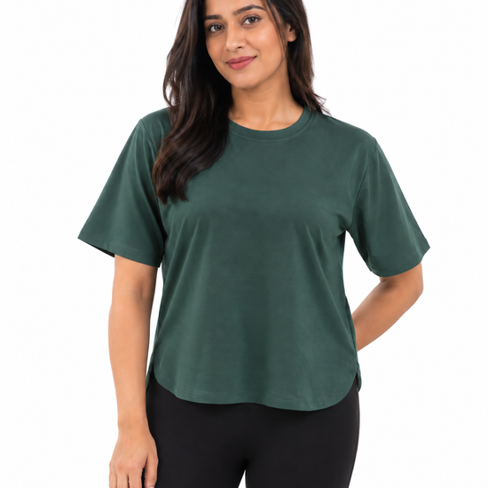 Nuvaara Women's Relaxed Fit High-Low Hem Crew Neck T-Shirt - Front View (Photo 2)