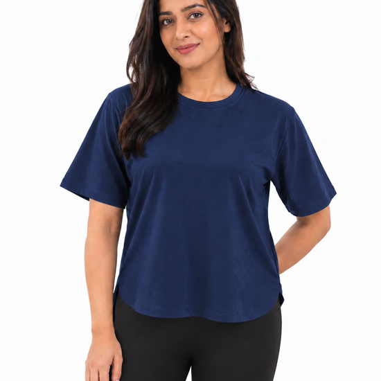 Nuvaara Women's Relaxed Fit High-Low Hem Crew Neck T-Shirt - Front View (Photo 3)