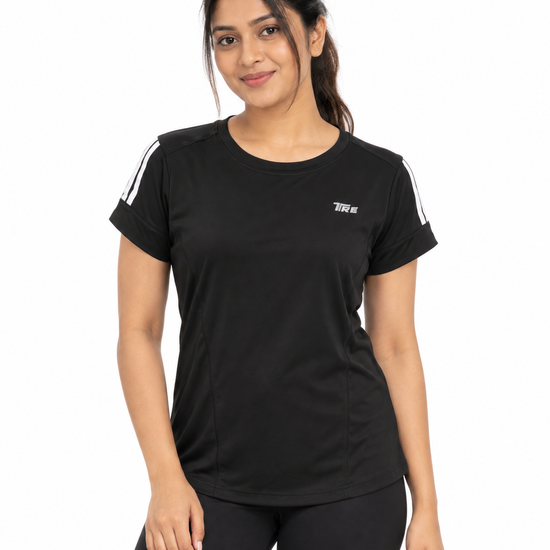 Trendy Women's Double Stripe Performance Active T-Shirt - Front View