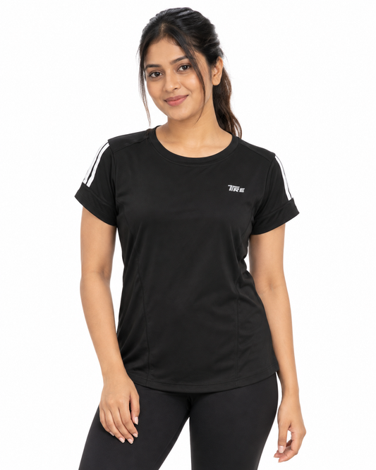Trendy Women's Double Stripe Performance Active T-Shirt - Front View