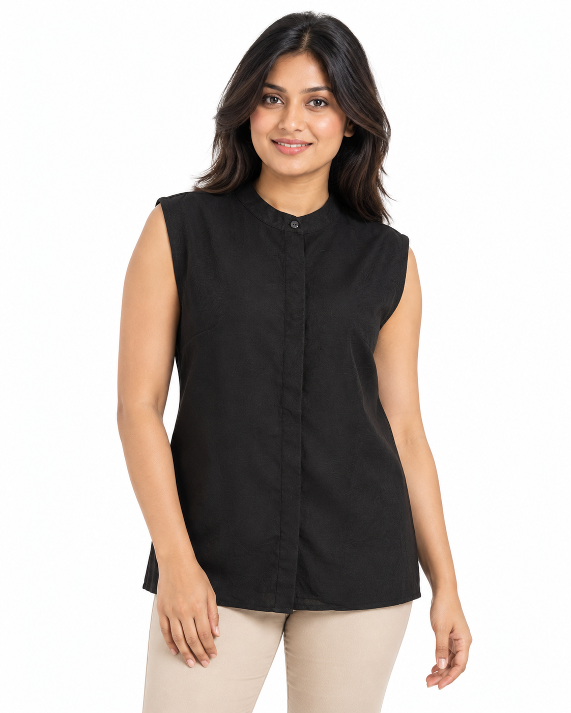 Isle Closet Women's Sleeveless Mandarin Collar Blouse - Front View (Photo 1)