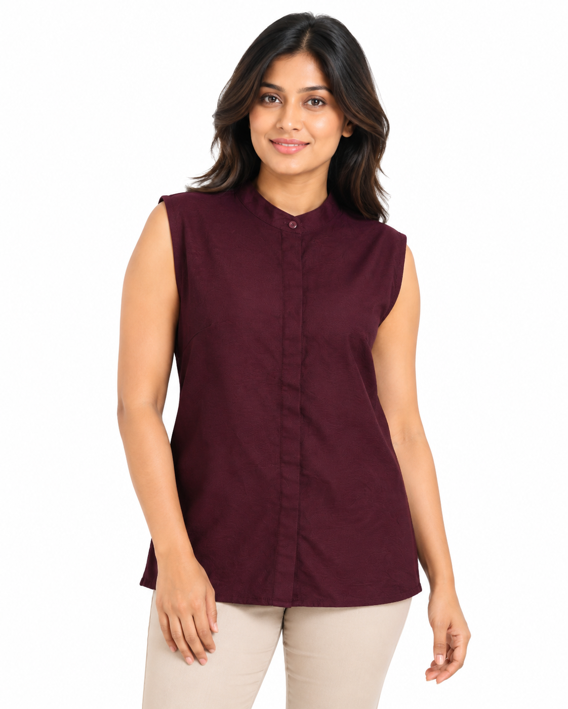 Isle Closet Women's Sleeveless Mandarin Collar Blouse - Front View (Photo 2)