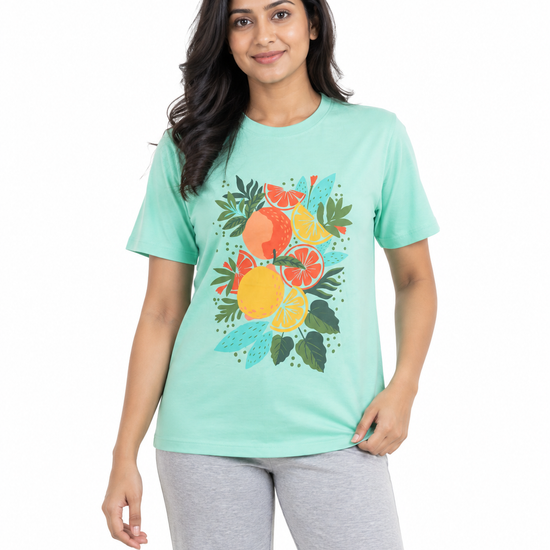 Everyday Co women's red crew neck cotton t-shirt with citrus fruit and tropical foliage print