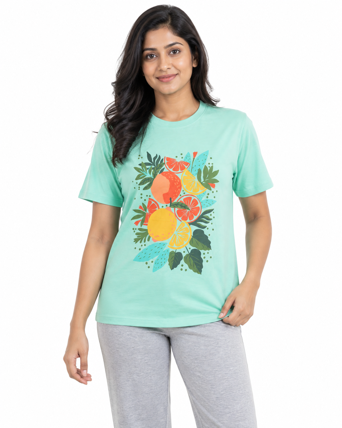 Everyday Co women's red crew neck cotton t-shirt with citrus fruit and tropical foliage print