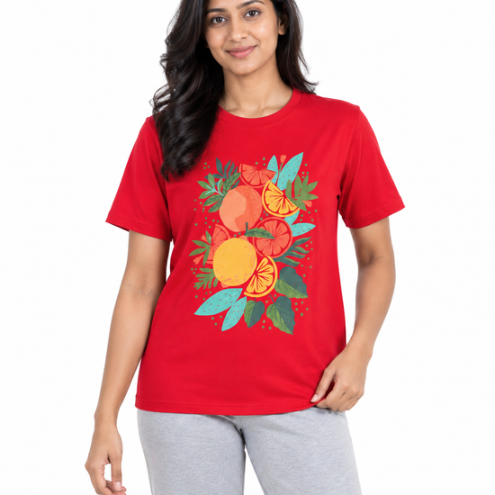 Everyday Co women's red crew neck cotton t-shirt with citrus fruit and tropical foliage print