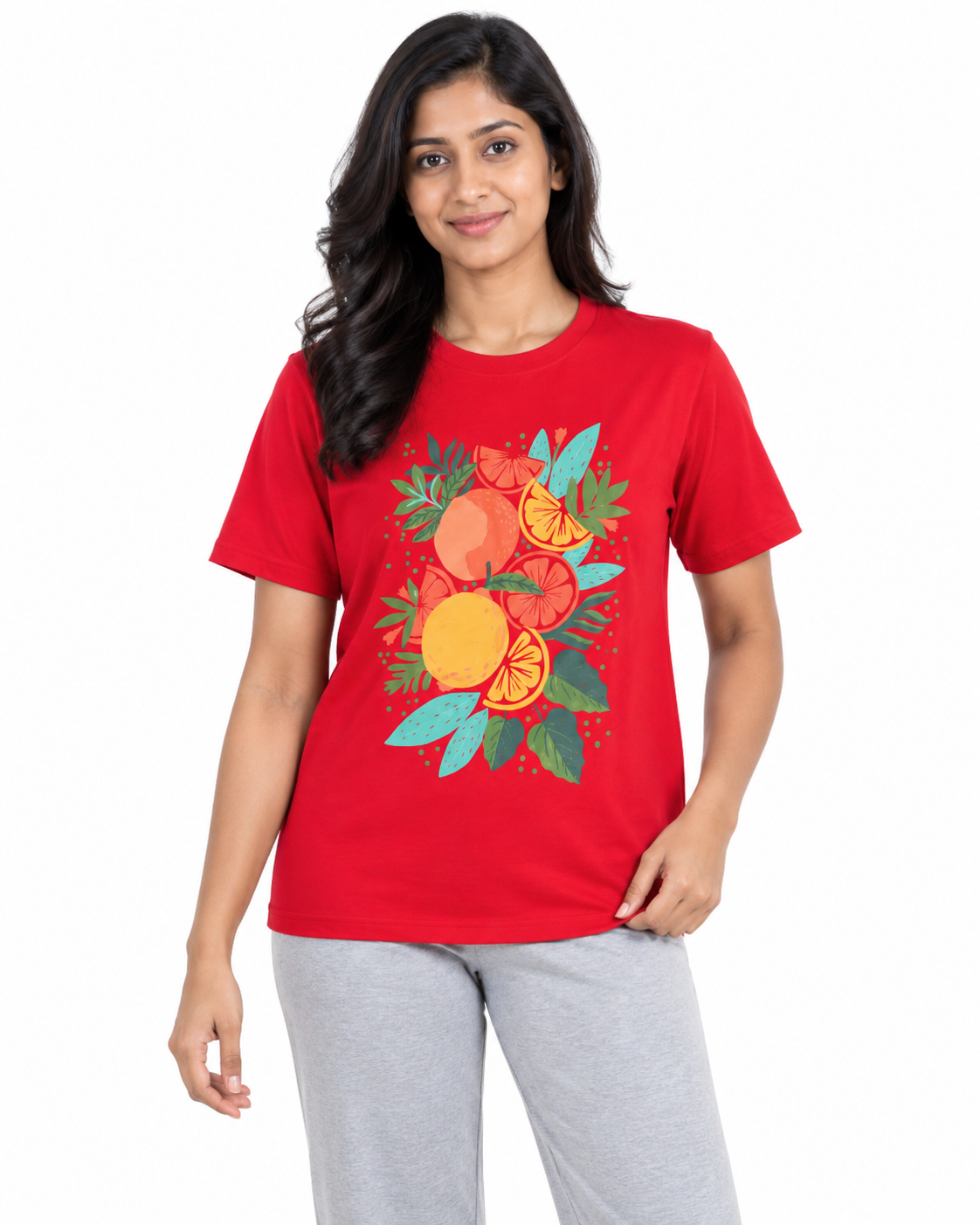 Everyday Co women's red crew neck cotton t-shirt with citrus fruit and tropical foliage print
