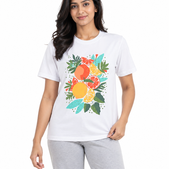 Everyday Co women's red crew neck cotton t-shirt with citrus fruit and tropical foliage print