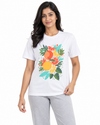 Everyday Co women's red crew neck cotton t-shirt with citrus fruit and tropical foliage print