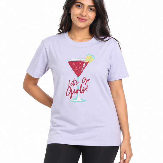 Everyday Co women's lavender cotton graphic t-shirt with Let's Go Girls cocktail print