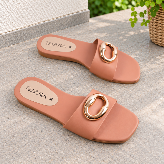 Nuvaara women's black flat slide sandals with glossy oval buckle accent and square toe