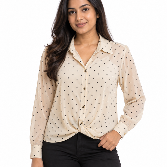 Nuvaara women's rust terracotta polka dot button-down long sleeve blouse with front twist knot hem