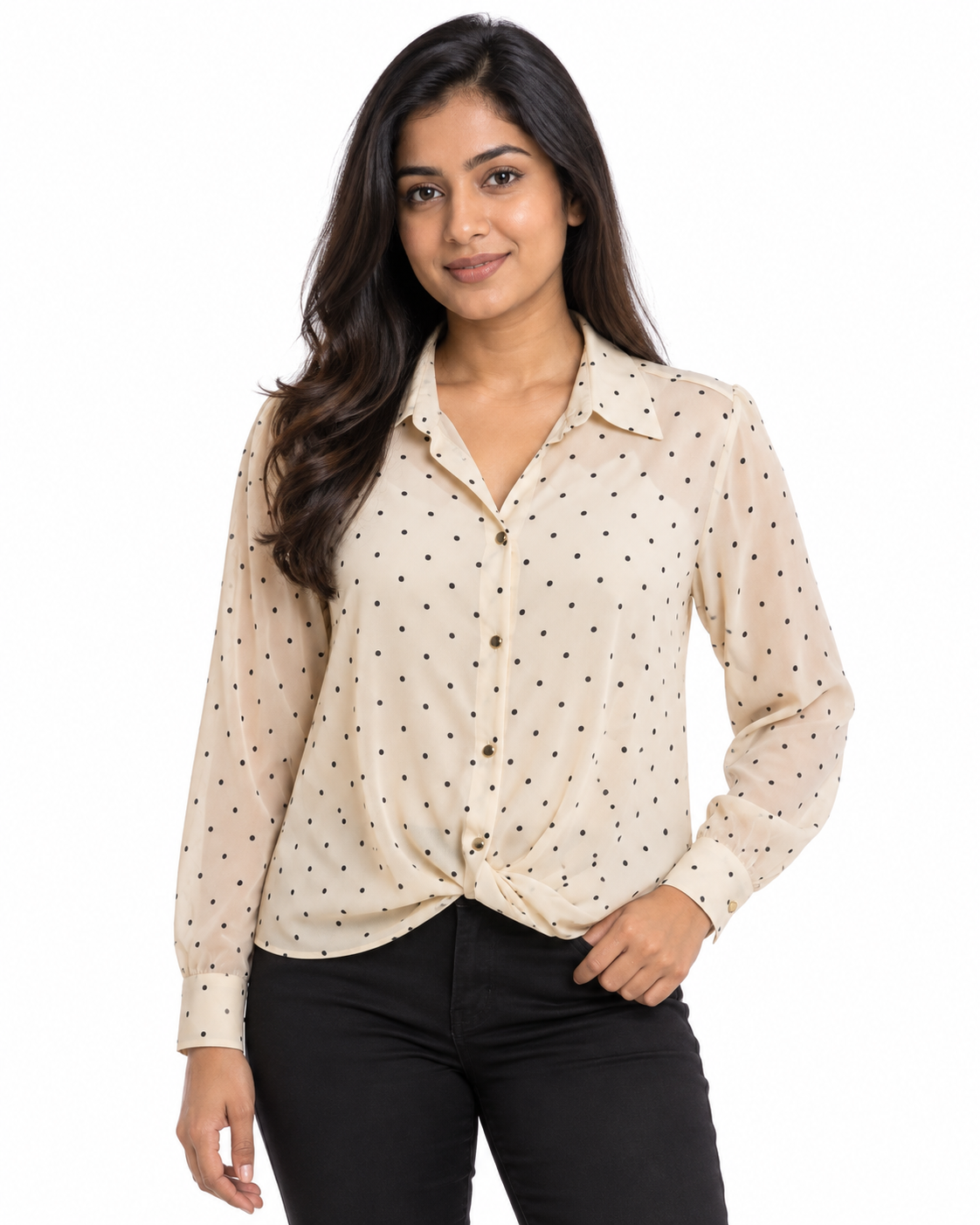 Nuvaara women's rust terracotta polka dot button-down long sleeve blouse with front twist knot hem