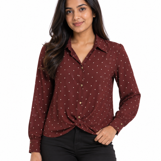 Nuvaara women's rust terracotta polka dot button-down long sleeve blouse with front twist knot hem